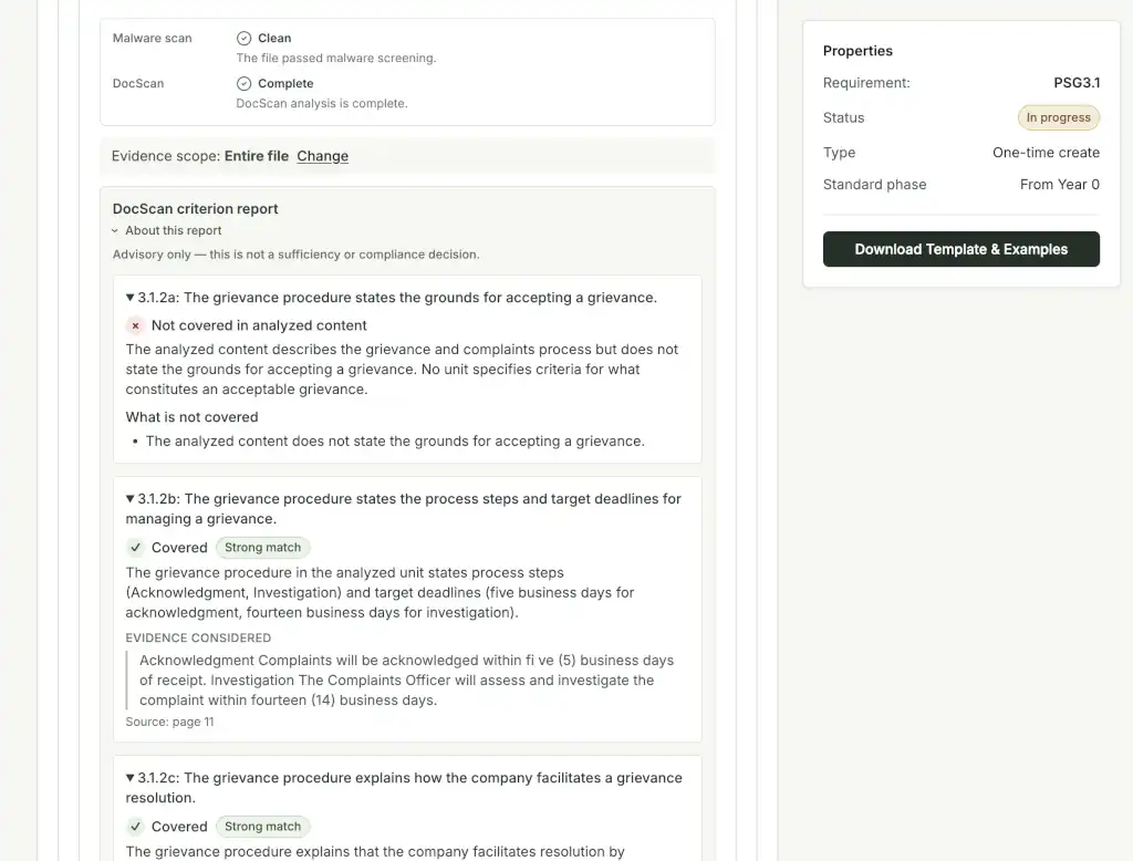 BeReady Evidence Test showing a document analyzed against scoped requirements
